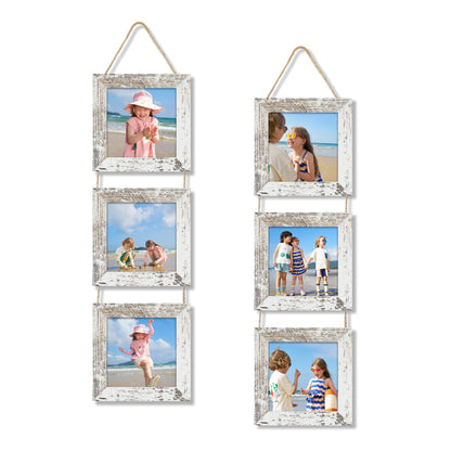 4x6 Collage Picture Frames Set of 2, Rustic Wooden Real Glass Vertical Hanging 3 Opening 4 by 6 Photo Frame, Rustic Brown