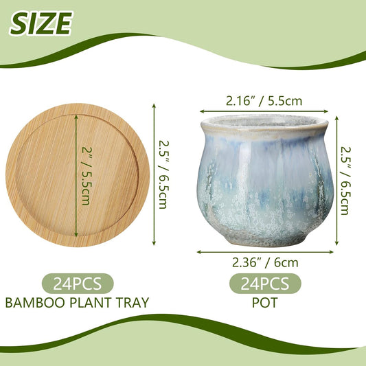 Remerry 24 Pcs Ceramic Succulent Pots 2.5 Inch with Drainage Bamboo Tray