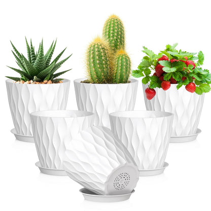 Meowell 4 inch Small Plastic Nursery Pots, 5 Pack Water Ripples Plant Pots for Indoor Plants, Flower Pots with Drainage Holes and Saucers, Seedling Starter Planters for Succulent Plants, White
