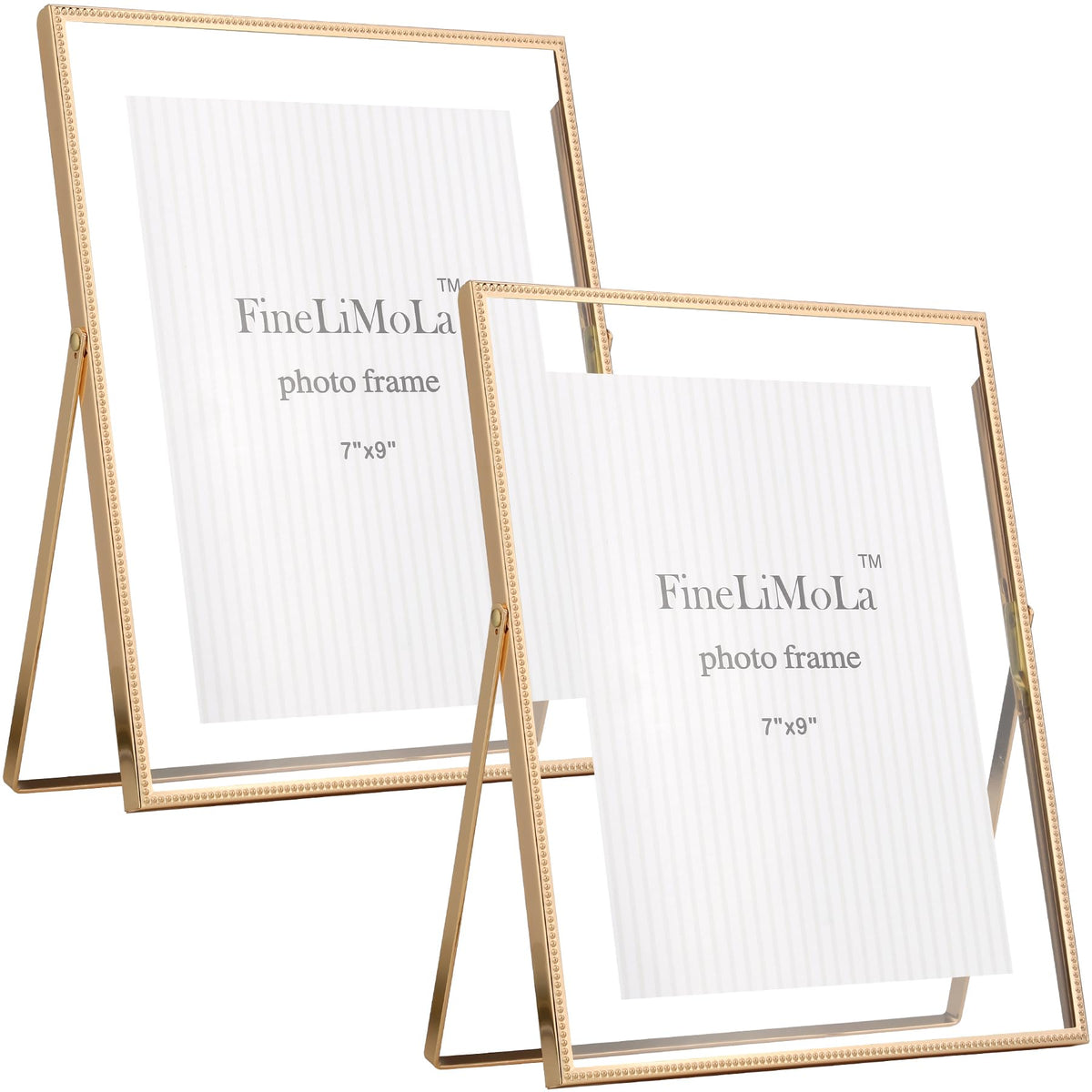 Gold 5x7'' Floating Picture Frames 2Pack,for Photo Sizes(3.5x5&4x6),Beaded Metal Edge,Adjustable Tabletop/Shelf Display for Wedding,Home & Office Decor