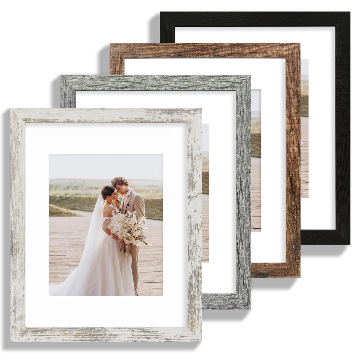 Hongkee 8x10 Picture Frame Set of 4, Real Glass and Wood Frame, 5x7 Mat