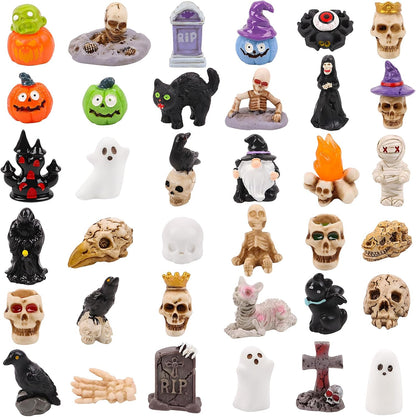 KIMOBER 36 Pcs Halloween Mini Resin Figures, Mixed Mini Figurines with Pumpkin Ghost Skull Designs, Tiny Resin Figures for Halloween Tree, Party Favors, Miniature Decorations