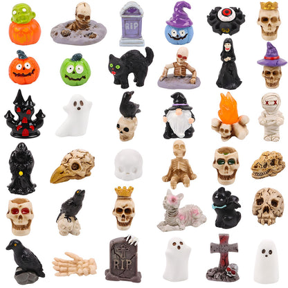 KIMOBER 36 Pcs Halloween Mini Resin Figures, Mixed Mini Figurines with Pumpkin Ghost Skull Designs, Tiny Resin Figures for Halloween Tree, Party Favors, Miniature Decorations