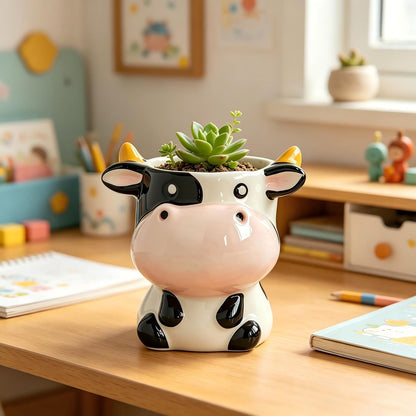 Cute Animal Ceramic Planter Pot, Small Glossy Cartoon Cow Shaped