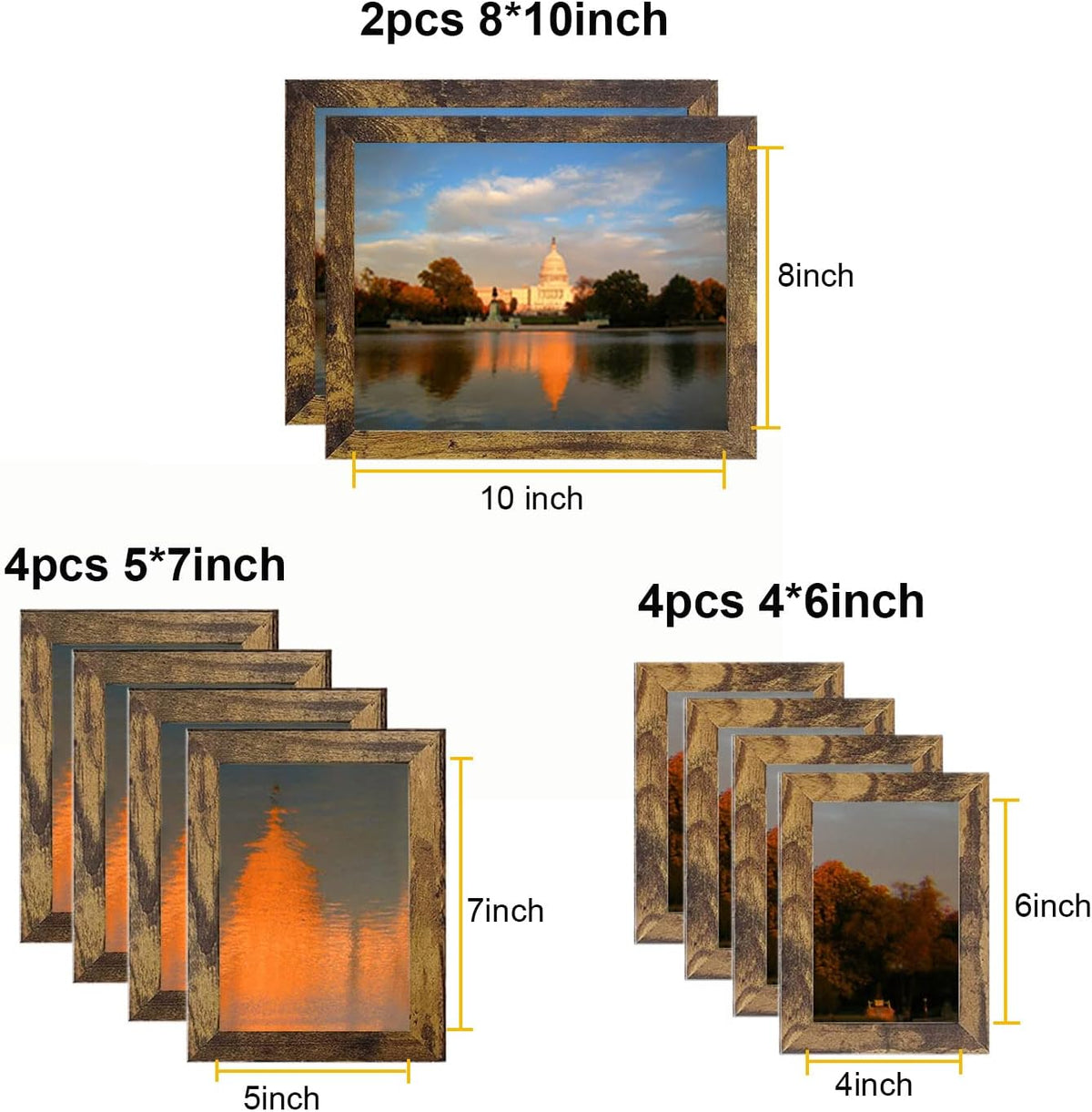 Picture Frame Set 10 pack, Farmhouse Photo Frames, Gallery Wall Frame Collage, with Two 8x10, Four 5x7, Four 4x6 Photo Frame set, in 3 Different Finishes Picture Frames For Wall or Desk,Rustic Brown