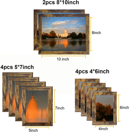 Picture Frame Set 10 pack, Farmhouse Photo Frames, Gallery Wall Frame Collage, with Two 8x10, Four 5x7, Four 4x6 Photo Frame set, in 3 Different Finishes Picture Frames For Wall or Desk,Rustic Brown