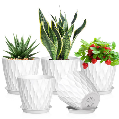 Meowell 4 inch Small Plastic Nursery Pots, 5 Pack Water Ripples Plant Pots for Indoor Plants, Flower Pots with Drainage Holes and Saucers, Seedling Starter Planters for Succulent Plants, White
