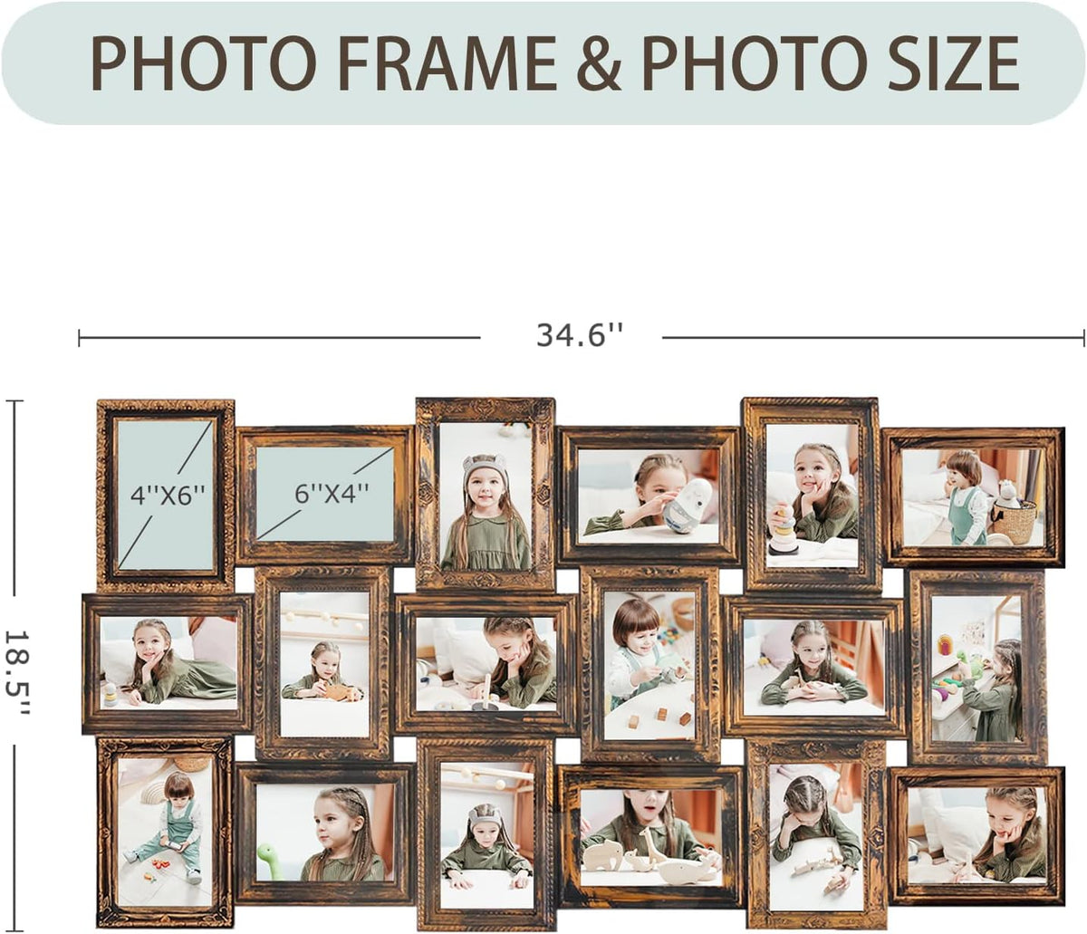 HELLO LAURA - 4x6 Picture Frame Collage Large Photo Collage Frame for Wall 18 Openings Picture Frames Photo Frame Collage Wall Decor for Living Room Bedroom - Rusted Gold