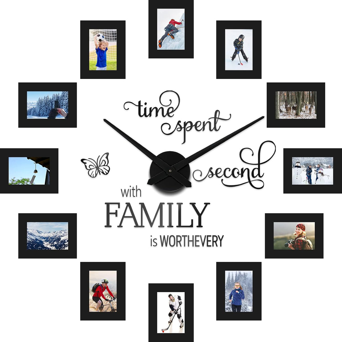 Sratte Wall Clock with 12 Picture Frames 5x3.5 Inch, Family Photo,Black