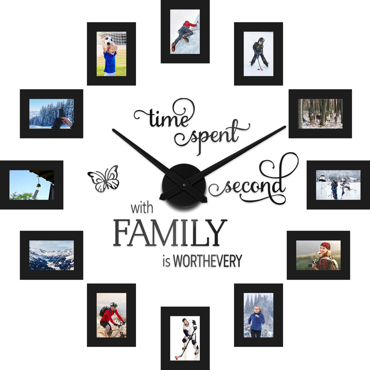 Sratte Wall Clock with 12 Picture Frames 5x3.5 Inch, Family Photo,Black