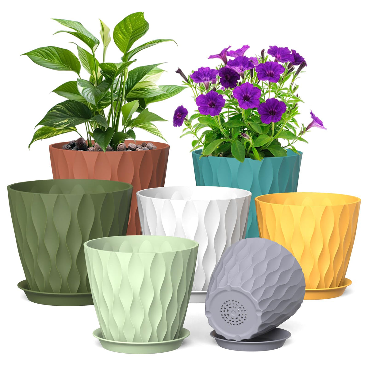 Meowell 4 inch Small Plastic Nursery Pots, 5 Pack Water Ripples Plant Pots for Indoor Plants, Flower Pots with Drainage Holes and Saucers, Seedling Starter Planters for Succulent Plants, White