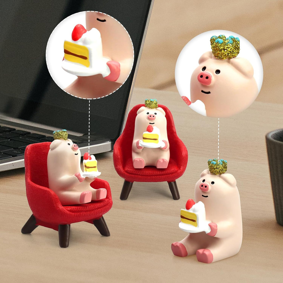RAQWI Pig Eating Cake Figurine on Red Sofa, Mini Resin Desk Decor