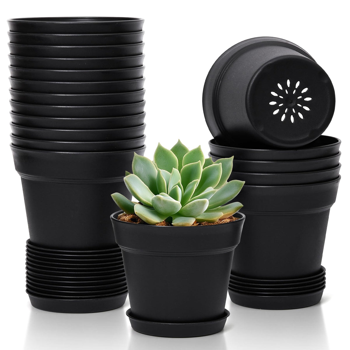 T4U Small Plant Pots 5 Inch 18 Pack, Plastic Flower Pots with Saucer White