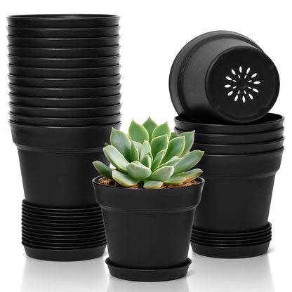 T4U Small Plant Pots 5 Inch 18 Pack, Plastic Flower Pots with Saucer White