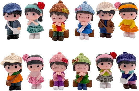 12Pcs Mini Boy and Girl Statue Dollhouse Couple People Figures Fairy Garden Figurines Cake Toppers for Micro Landscape Home Office Desktop Ornaments