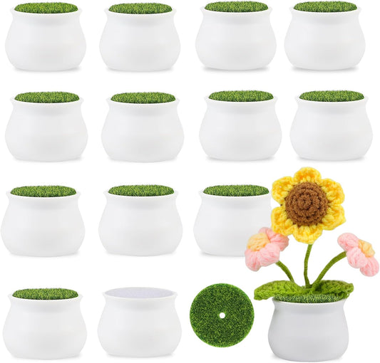 FINGOOO 2 Inch Little White Pots, 12 Pack Plastic Plant Pots with Foam and Simulated Lawn for Crochet Flowers Knit Plants DIY Craft Home Desk Decor