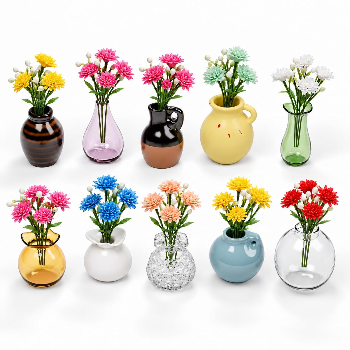 Hand-Blown Mini Vase Magnets for Fridge, Set of 10 Artisan Glass & Ceramic Bud Vases, Each One Unique, Tiny Garden Decor Gift for Mom, Teachers & Coworkers