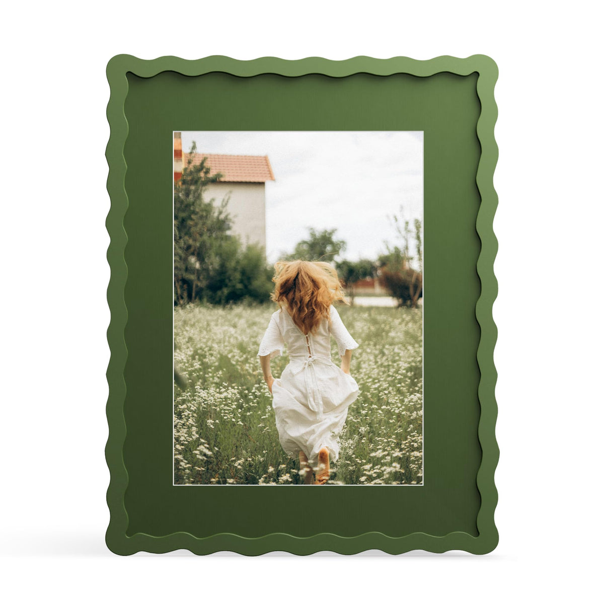 4x6 Picture Frame with Mat for 3.5x5, Wavy Edge Wooden Real Glass Photo Frame for Tabletop and Wall Hanging, Green, 1 Pack