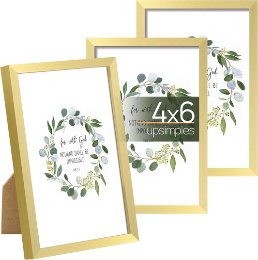 upsimples 4x6 Picture Frame Glass, Thin Border, Gold Photo Frames, 3 Pack