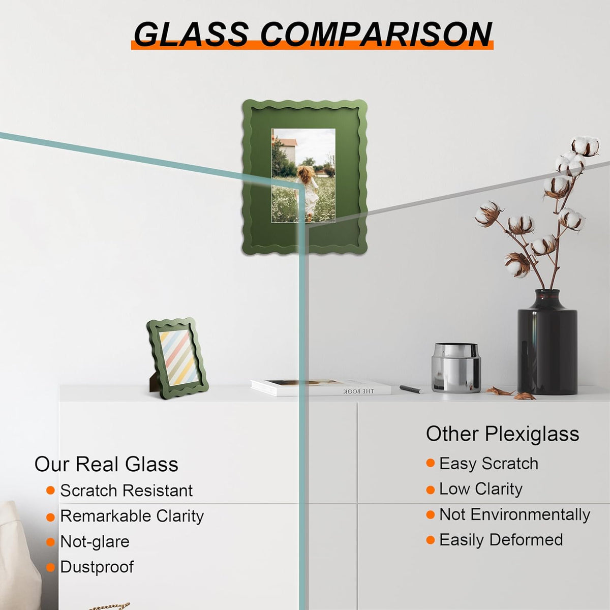 4x6 Picture Frame with Mat for 3.5x5, Wavy Edge Wooden Real Glass Photo Frame for Tabletop and Wall Hanging, Green, 1 Pack