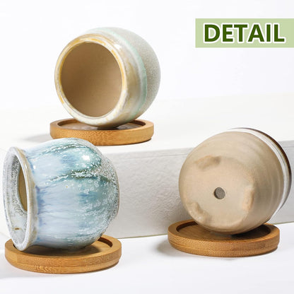 Remerry 24 Pcs Ceramic Succulent Pots 2.5 Inch with Drainage Bamboo Tray