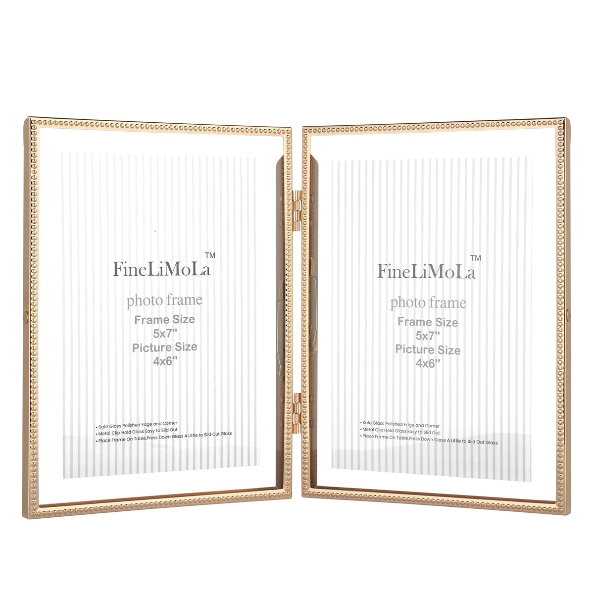 Gold 5x7'' Floating Picture Frames 2Pack,for Photo Sizes(3.5x5&4x6),Beaded Metal Edge,Adjustable Tabletop/Shelf Display for Wedding,Home & Office Decor