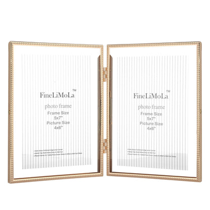 Gold 5x7'' Floating Picture Frames 2Pack,for Photo Sizes(3.5x5&4x6),Beaded Metal Edge,Adjustable Tabletop/Shelf Display for Wedding,Home & Office Decor