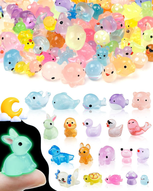 FIVEIZERO 100PCS Luminous mini Resin Animals - 20 Styles Multiple Colors per Style Glow in The Dark Plastic Tiny Animals Figures for Dollhouse, Fairy Garden, Aquarium, Party Favors & DIY Craft Decor