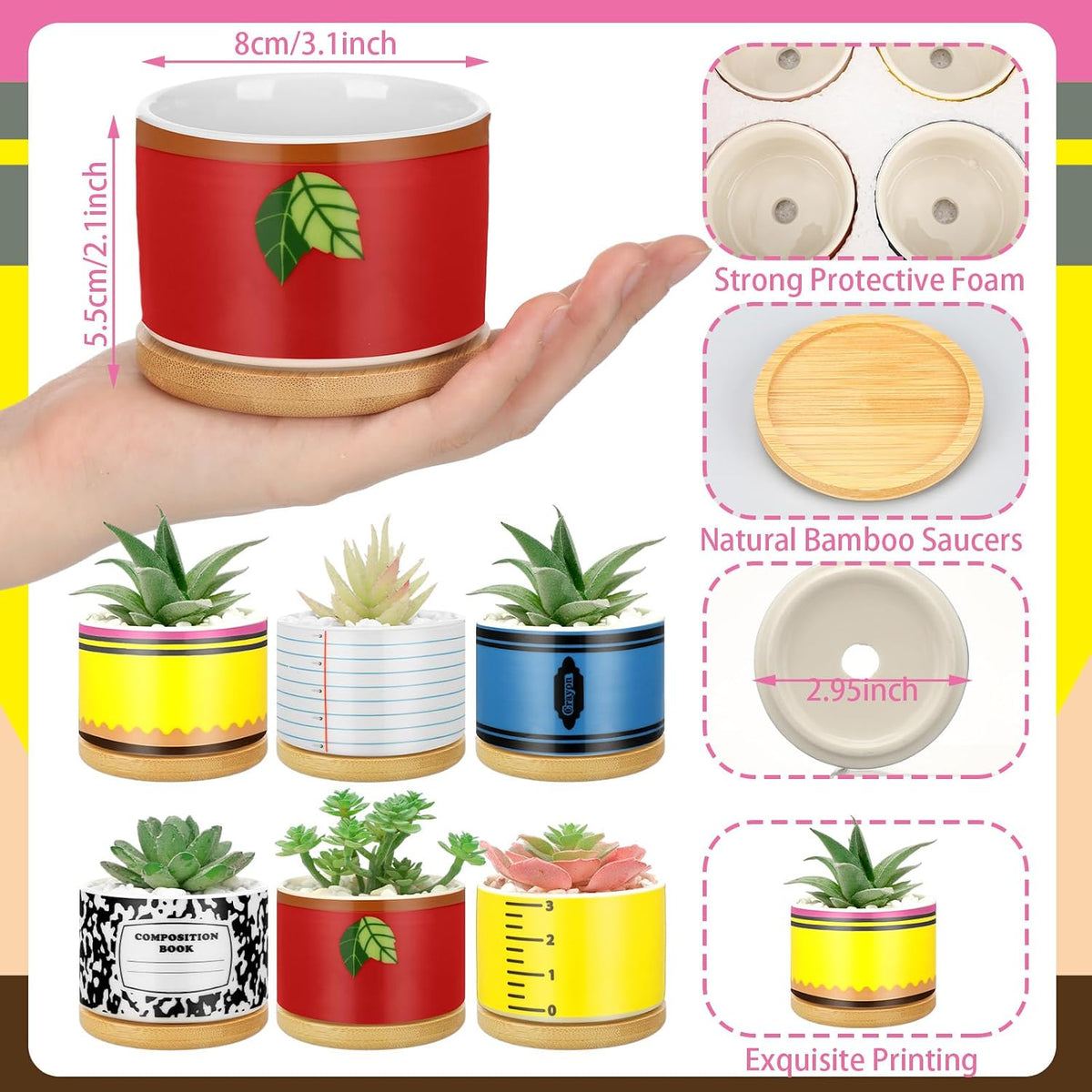 Remerry 6 Pcs Christmas Teacher Gifts Ceramic Succulent Plant Pot, Classic