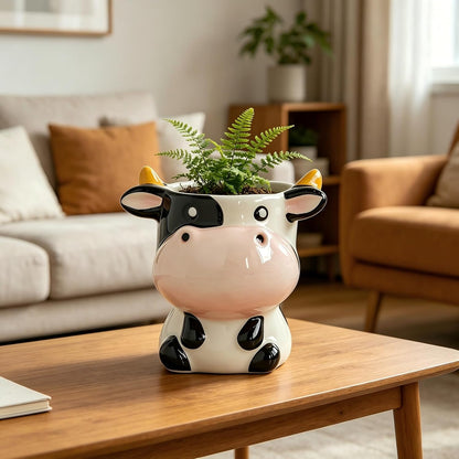 Cute Animal Ceramic Planter Pot, Small Glossy Cartoon Cow Shaped
