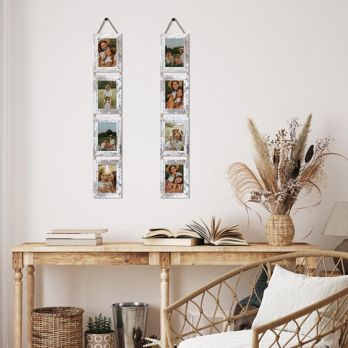 Lavezee 4x6 Hanging Collage Picture Frames Set of 2, 8 Opening Vertical Frame Made to Display 4 by 6 Inch Photo for Wall Decor, Distressed White
