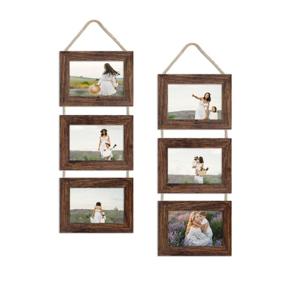 4x6 Collage Picture Frames Set of 2, Rustic Wooden Real Glass Vertical Hanging 3 Opening 4 by 6 Photo Frame, Rustic Brown