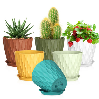 Meowell 4 inch Small Plastic Nursery Pots, 5 Pack Water Ripples Plant Pots for Indoor Plants, Flower Pots with Drainage Holes and Saucers, Seedling Starter Planters for Succulent Plants, White