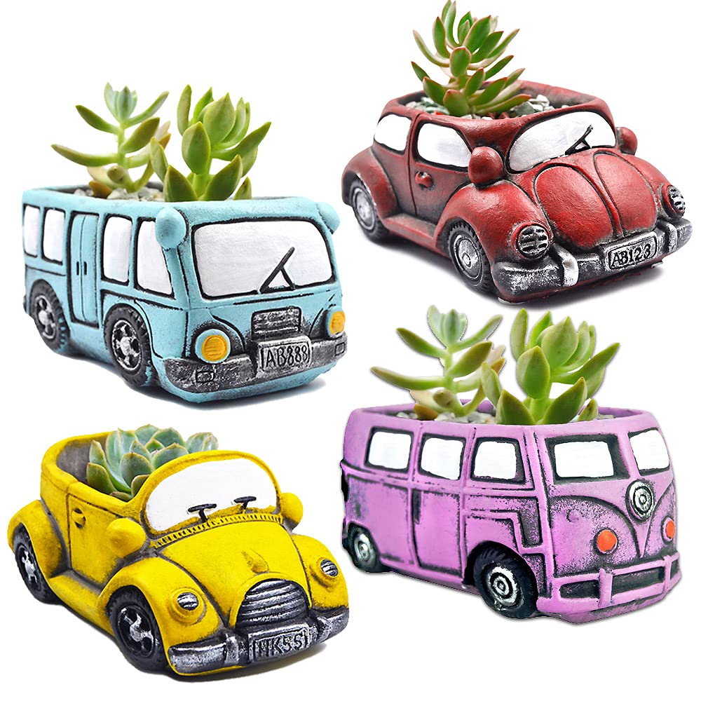 Cute Succulent Plants Pots, Small Planter Pots with Drainage Hole, Flower Pots for Home Indoor Outdoor Garden Decoration (Purple Bus)