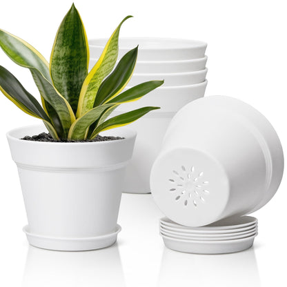 T4U Small Plant Pots 4 Inch 8 Pack, Plastic Indoor Flower Pots Saucer White