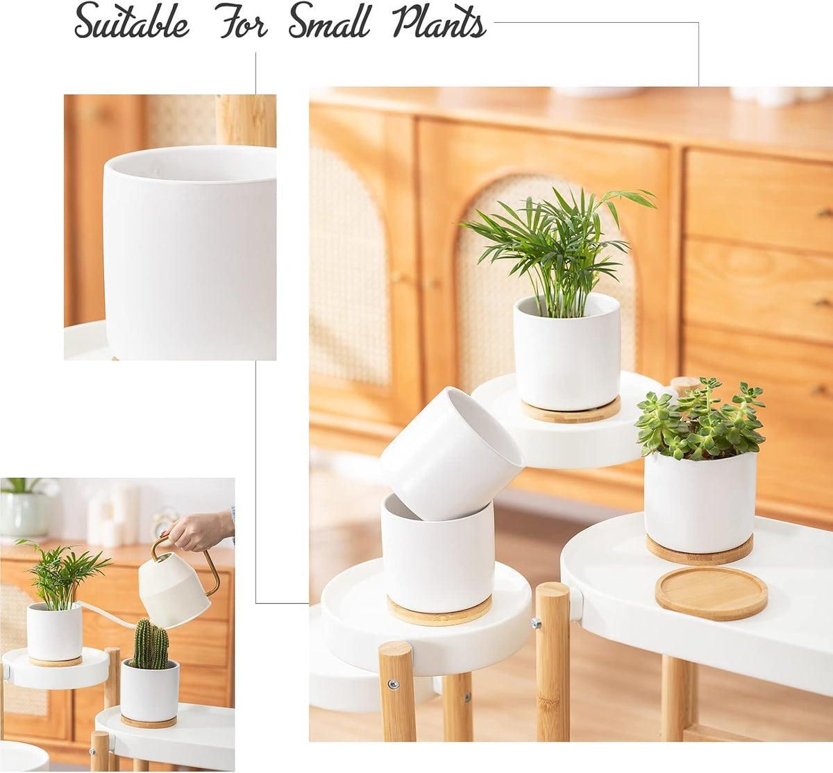 4 Inch Ceramic Plant Pot with Saucer, White Planters Pots with Drainage Hole and Mesh Pads for Succulent, Snake, Cactus, Herbs - 4 Packs(Plant Not Included)