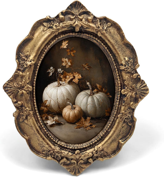 Pumpkin Fall Small Oval Picture Frame, Vintage Dark Maple Bronze Photo Frame, Rustic Farmhouse Autumn Mini Tabletop Wall Decor Art for Shelf Desk Bedroom Thanksgiving Halloween Home 3.9x4.7in