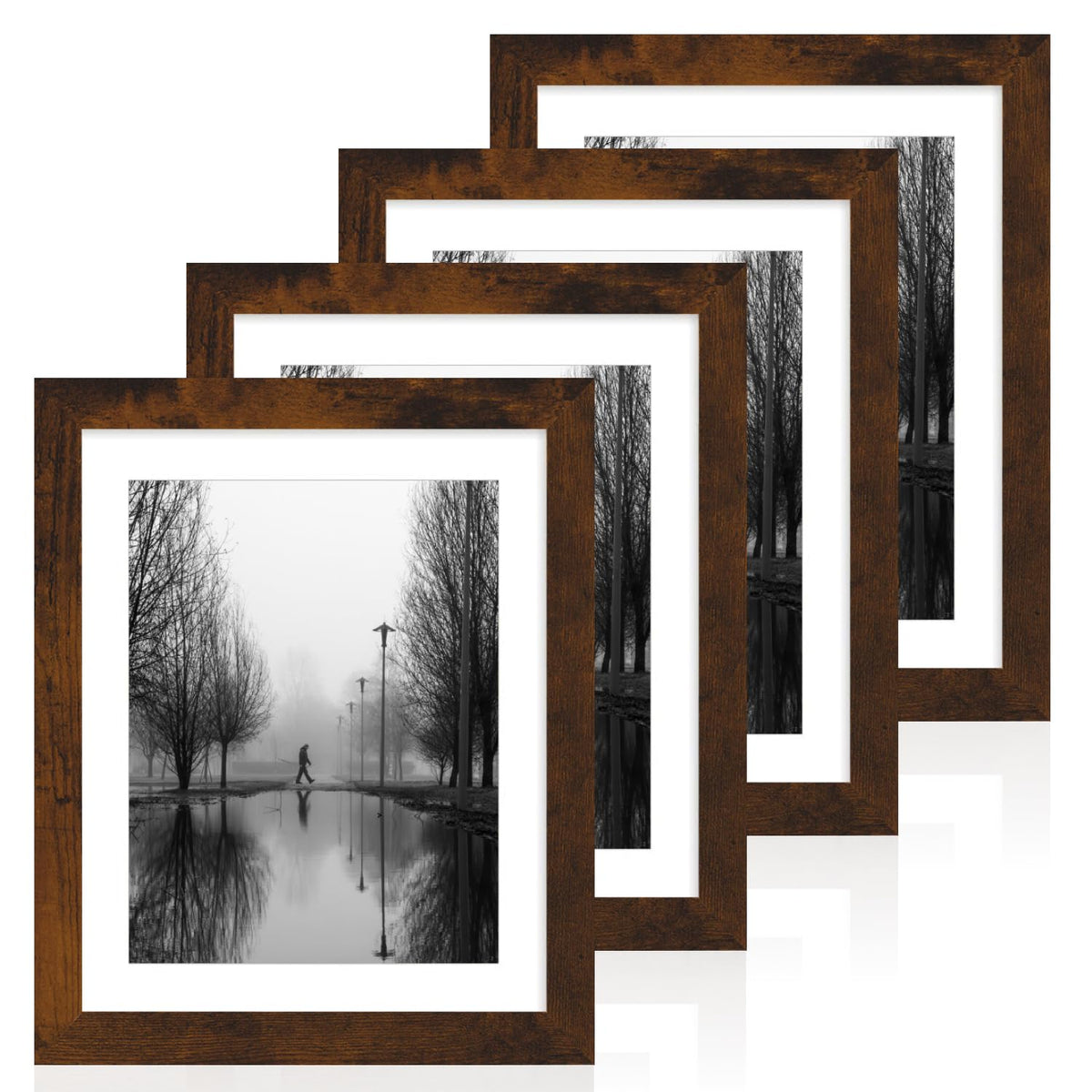 iRahmen 8x10 Picture Frame Set of 4, High Definition Real Glass Rustic Brown Frame, 8 x 10 Wood Photo Frames for Desktop Display and Wall Mounting