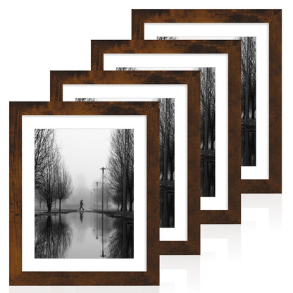 iRahmen 8x10 Picture Frame Set of 4, High Definition Real Glass Rustic Brown Frame, 8 x 10 Wood Photo Frames for Desktop Display and Wall Mounting
