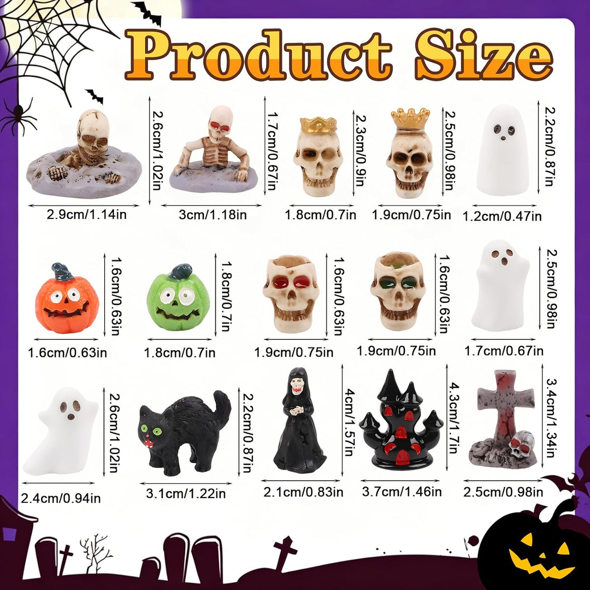 KIMOBER 36 Pcs Halloween Mini Resin Figures, Mixed Mini Figurines with Pumpkin Ghost Skull Designs, Tiny Resin Figures for Halloween Tree, Party Favors, Miniature Decorations