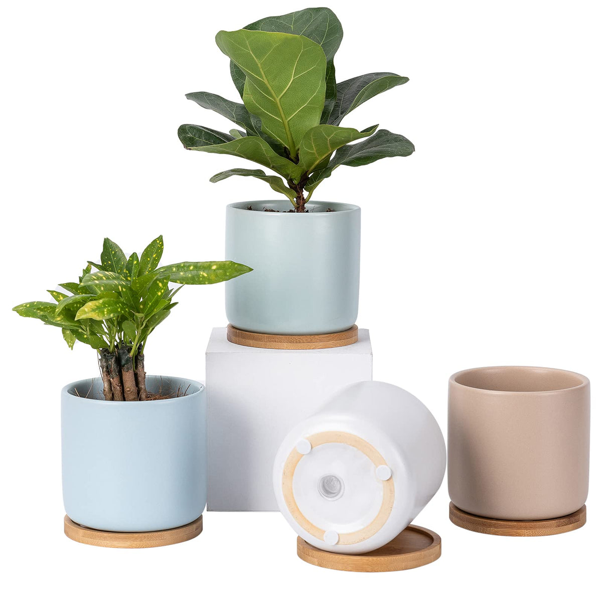 4 Inch Ceramic Plant Pot with Saucer, White Planters Pots with Drainage Hole and Mesh Pads for Succulent, Snake, Cactus, Herbs - 4 Packs(Plant Not Included)