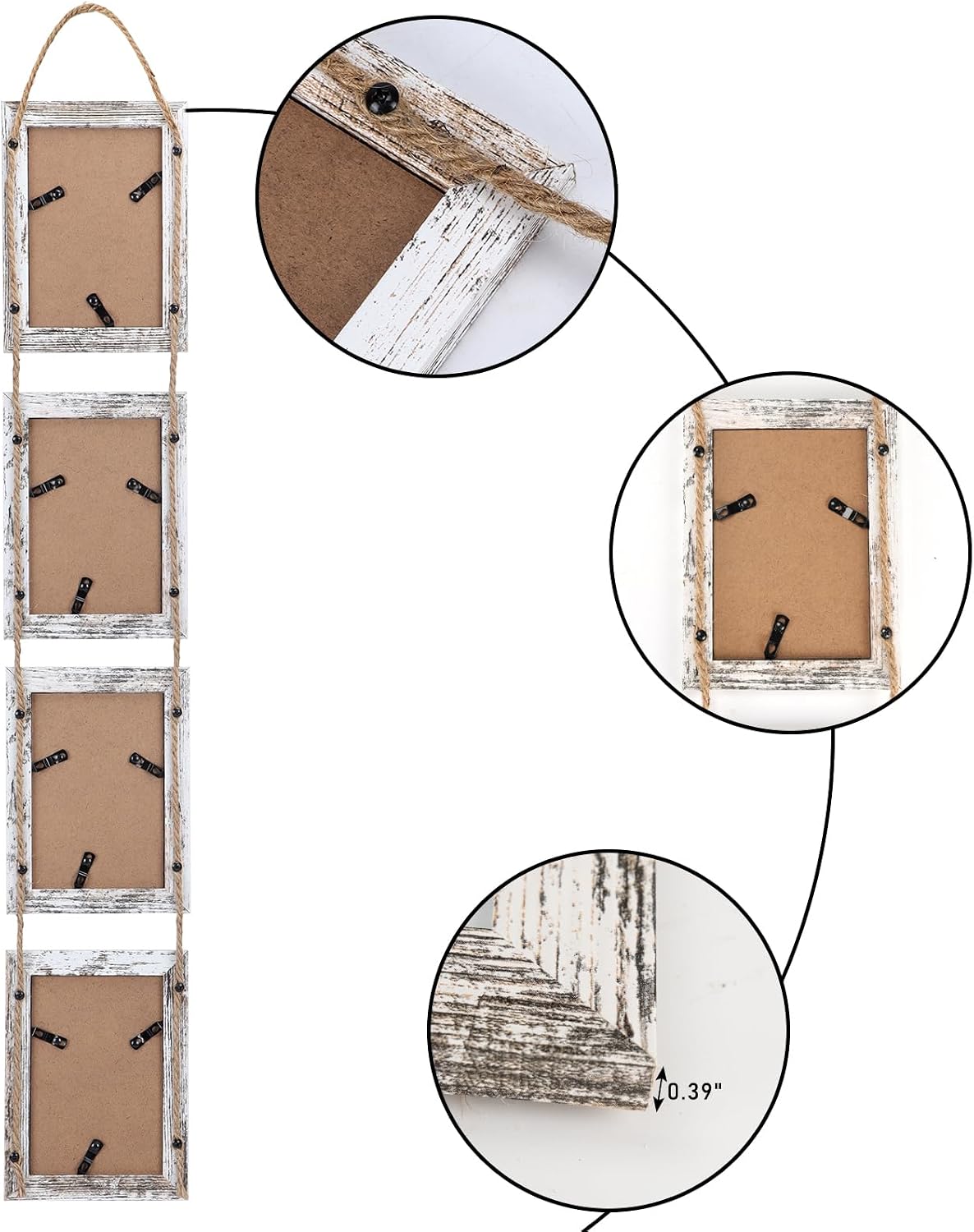 Lavezee 4x6 Hanging Collage Picture Frames Set of 2, 8 Opening Vertical Frame Made to Display 4 by 6 Inch Photo for Wall Decor, Distressed White