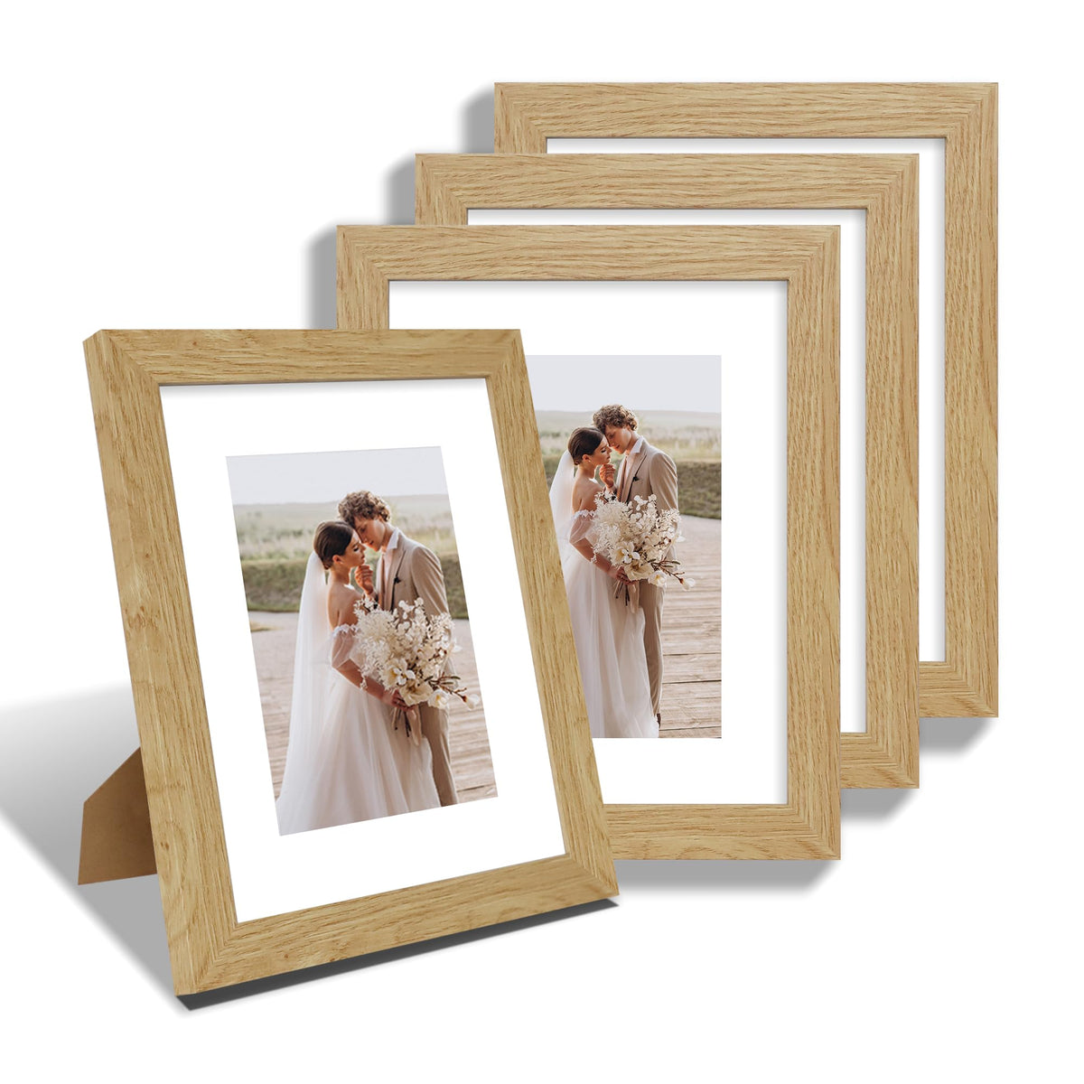 Hongkee 8x10 Picture Frame Set of 4, Real Glass and Wood Frame, 5x7 Mat
