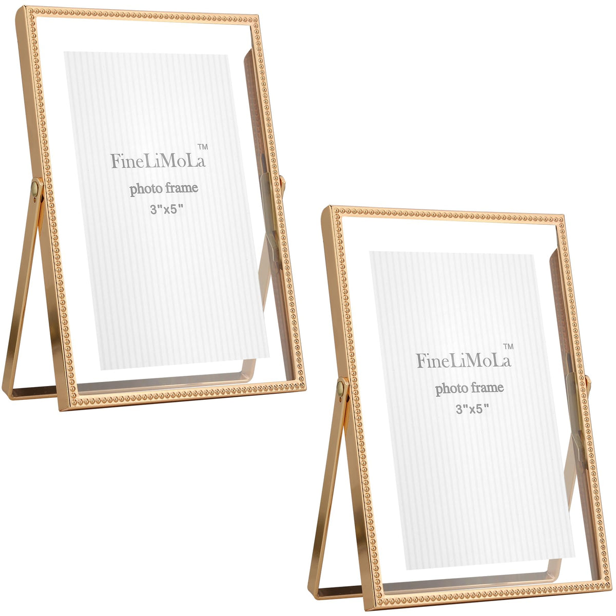 Gold 5x7'' Floating Picture Frames 2Pack,for Photo Sizes(3.5x5&4x6),Beaded Metal Edge,Adjustable Tabletop/Shelf Display for Wedding,Home & Office Decor