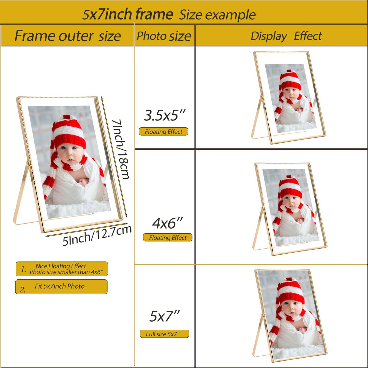 Gold 5x7'' Floating Picture Frames 2Pack,for Photo Sizes(3.5x5&4x6),Beaded Metal Edge,Adjustable Tabletop/Shelf Display for Wedding,Home & Office Decor