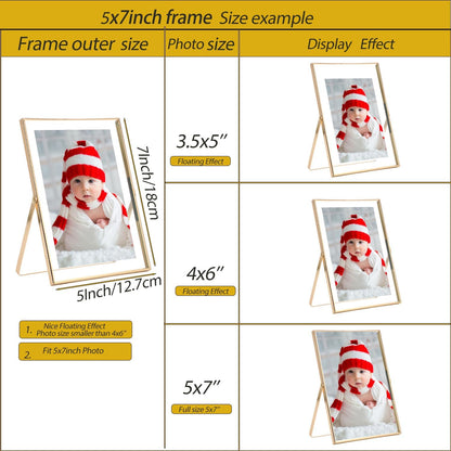 Gold 5x7'' Floating Picture Frames 2Pack,for Photo Sizes(3.5x5&4x6),Beaded Metal Edge,Adjustable Tabletop/Shelf Display for Wedding,Home & Office Decor