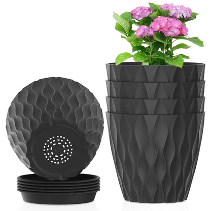 Meowell 4 inch Small Plastic Nursery Pots, 5 Pack Water Ripples Plant Pots for Indoor Plants, Flower Pots with Drainage Holes and Saucers, Seedling Starter Planters for Succulent Plants, White