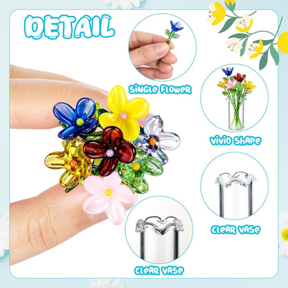 8 Pcs Mini Glass Flowers with Vase Set Small Crystal Bouquet