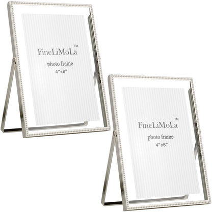 Gold 5x7'' Floating Picture Frames 2Pack,for Photo Sizes(3.5x5&4x6),Beaded Metal Edge,Adjustable Tabletop/Shelf Display for Wedding,Home & Office Decor