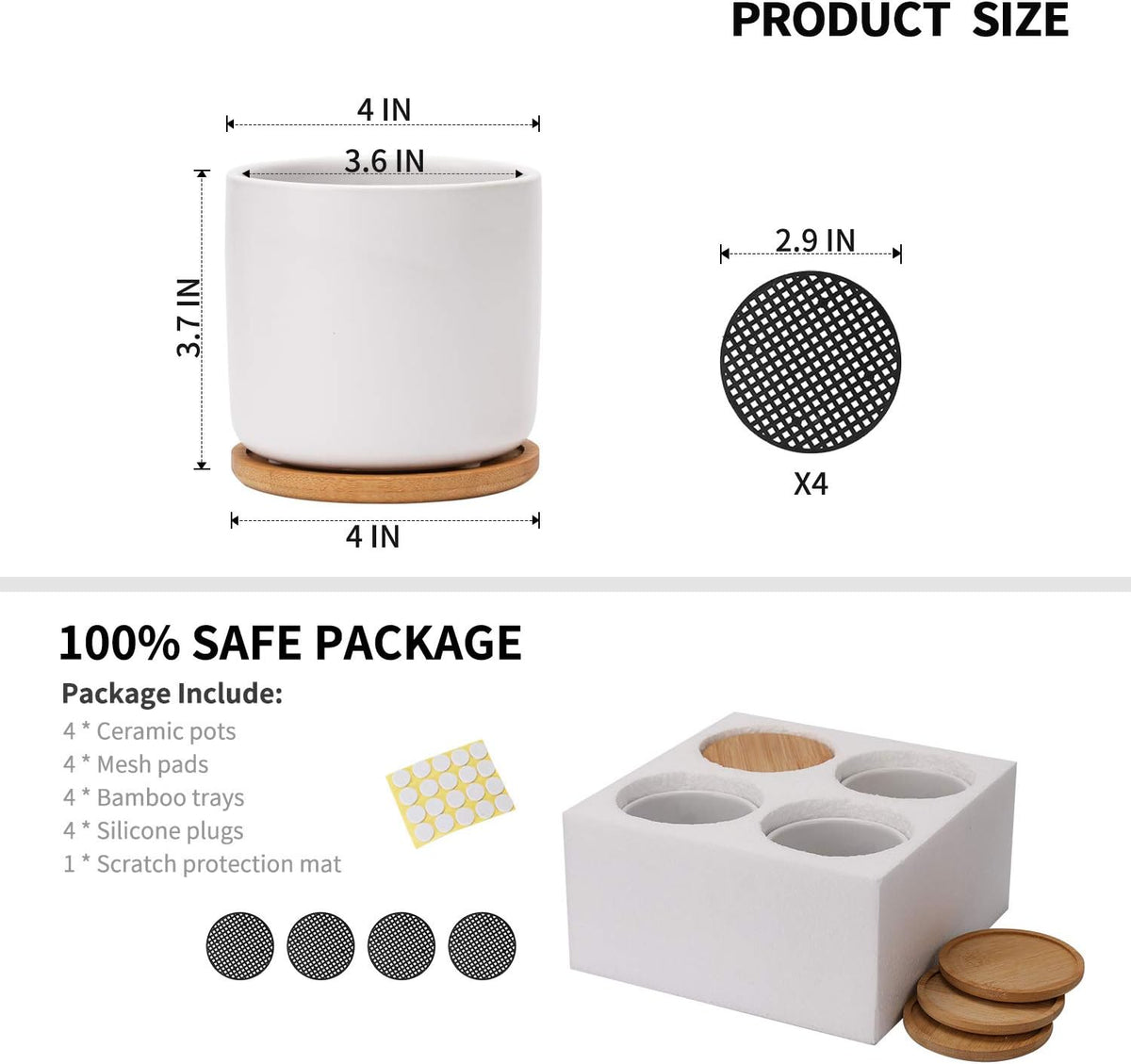 4 Inch Ceramic Plant Pot with Saucer, White Planters Pots with Drainage Hole and Mesh Pads for Succulent, Snake, Cactus, Herbs - 4 Packs(Plant Not Included)